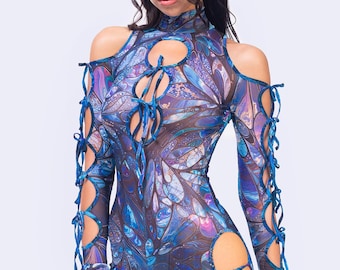 Kostium body z wycięciem, psychodeliczny strój festiwalowy, rozkloszowany kombinezon rave dla kobiet, fioletowy strój rave, kostium festiwalowy, odzież damska rave