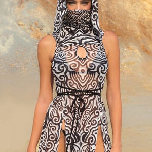Festival Hooded Mesh Dress Woman, Rave Outfit For Women, Burning Man Clothing, Sheer Costume, Minimal Dress Woman, Festival Rave Clothing