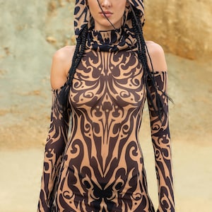 Festival Mesh Hooded Sleeved Dress, Rave Clothing For Women, Burning Man Wear, Sheer Dress, Rave Mesh Dress Woman, Party Festival Clothing