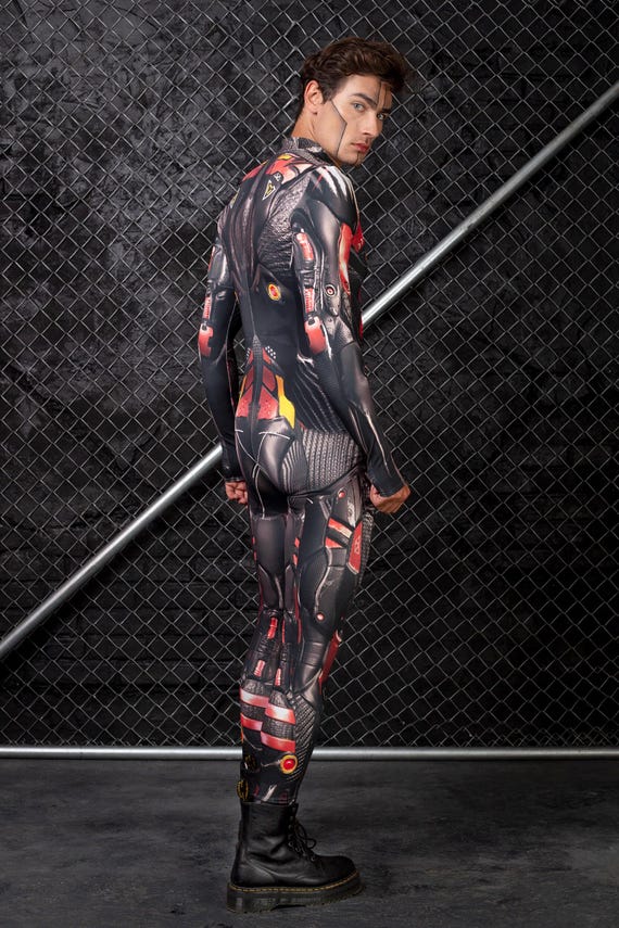 Koongso Heren Robot Superheld Halloween Kostuum Jumpsuit, Unisex Volwassenen Onesie 3D Zwart Rood Superheld Battle Suit Skinny Catsuit Robot Cosplay Zentai Bodysuit