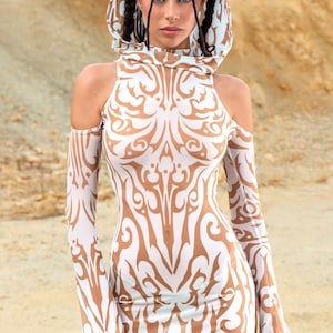 Rave Mesh Hooded Sleeved Dress, Festival Clothing For Women, Burning Man Outfit, Sheer Dress, Festival Dress Woman, Party Festival Clothing