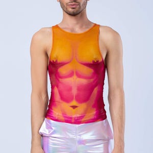 Pride Sleeveless Top Man, Mesh Male Orange Disco Top, Mesh Male Pride Tank Top, Transparent Pride Top, Festival Clothing, Male Pride Top