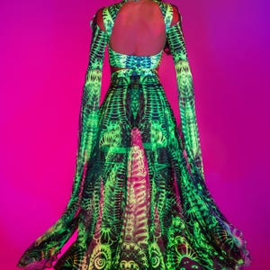 Green UV Reactive Costume Woman, Rave Party Sexy Set, Festival Clothing, Women Rave Wear Set, UV Mesh Skirt Set, Women Festival Outfit