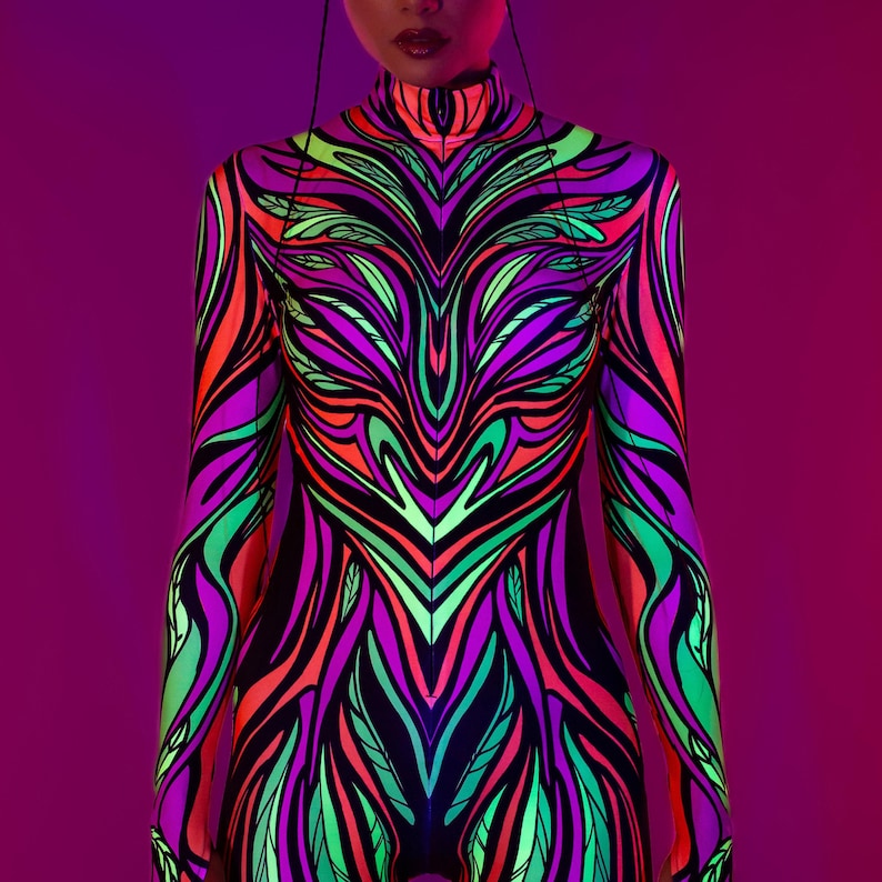Rave Bodysuit Women, UV Light Reactive Costume, Festival Disco Costume ...