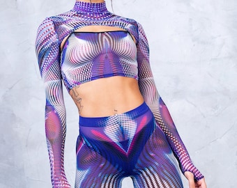 Rave Mesh Top, See Thru Top, Transparent Crop Top, Sheer Crop Top, Mesh Bolero, Festival Bolero, Long Sleeve Top, Crop Top, Psychedelic Top