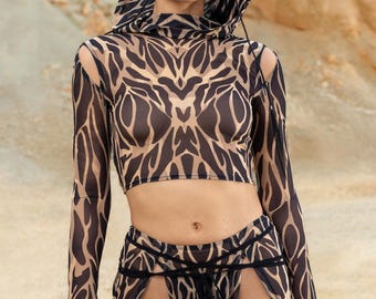 Mesh Festival Top, Rave Clothing Woman, Burning Man Cutout Top, Hooded Rave Outfit Woman, Festival Party Top, Mesh Top Women, Rave Clothing