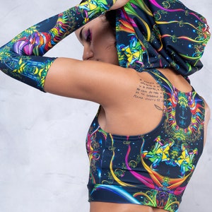 Long Belt Hooded Top, Rave Shorts, Burning Man Top Women, Burning Man Shorts Women, Gloves, Festival Top, Festival Shorts