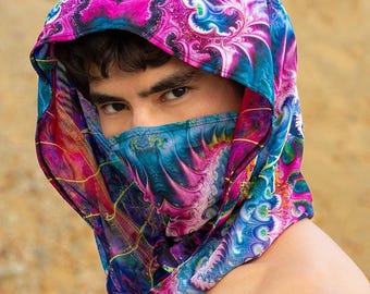 Festivalcapuchon van mesh, Burning Man-kleding, rave dubbelzijdige mesh-capuchon, festivaloutfit, rave-accessoires, transparante rave-capuchon, rave-outfit