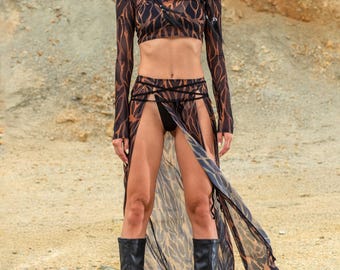 Festival Tied Skirt, Mesh Slit Skirt For Woman, Burning Man Clothing, Rave Clothing, Mesh Cutout Skirt Women, Festival Wear, Rave Outfit