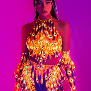 UV Reactive Mesh Top Women, Psychedelic Rave Top Women, Orange Ruffled Top, Festival Halter Top, UV Light Mesh Top, Rave Wear For Women