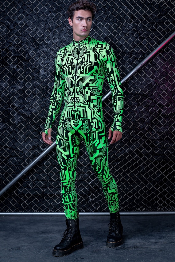 Cyber Clothing Men Futuristic Clothing Green Neon Bodysuit 