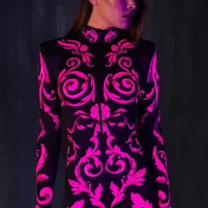 UV Reactive Bodysuit Women, Pink Neon Costume Women, UV Light Reactive Costume, Pink Neon Festival Costume Women, Rave UV Party Costume