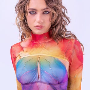 Rave Outfit, Festival Set, Pride Top, See Through Top, Rave Clothing, Mesh Crop Top, Transparent Long Sleeve Top, Rave Set, Festival Outfit