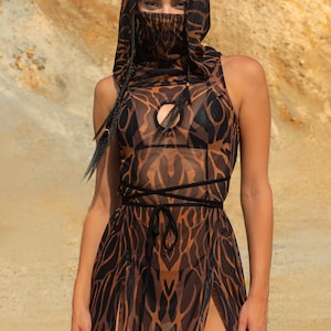 Burning Man Hooded Mesh Dress Woman, Festival Outfit, Rave Clothing For Women, Sheer Costume, Minimal Dress Woman, Festival Clothing Outfit