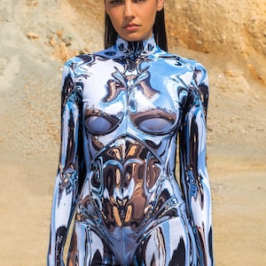 Futuristic Bodysuit Woman, Burning Man Costume, Festival Outfit, Robot Rave Clothing, Cyberpunk Catsuit, Futuristic Festival Costume Woman