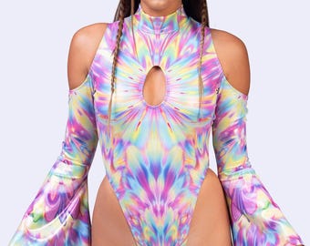 Pride Festival Bodysuit, Rainbow Flared Sleeve Bodysuit, Women Rave Wear, Shiny Bell Sleeve Festival Rave Bodysuit, Festival Clothing Women
