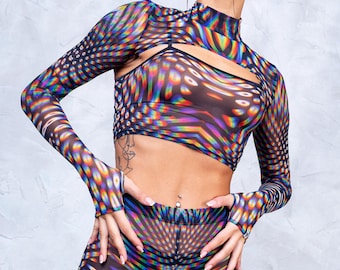 Rave Mesh Top, Transparent Crop Top, Sheer Crop Top, Mesh Bolero, Festival Bolero, Long Sleeve Top, Crop Top, Psychedelic Crop Top, Sexy Top