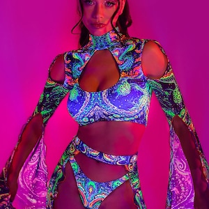 UV Reactive Festival Cutout Top, Blue Maxi Sleeve Top Woman, UV Mesh Rave Clothing, Festival Party Outfit, Psychedelic Rave Party Crop Top