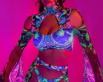 UV-reaktives Festival-Cutout-Top, Blaues Maxi-Ärmeltop Frau, UV-Mesh-Rave-Kleidung, Festival-Party-Outfit, psychedelisches Rave-Party-Crop-Top