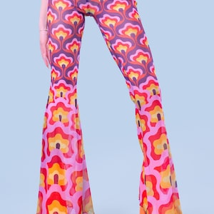 Sheer Bell Bottom Pants Women, Disco Flare Bell Bottom Pants, Wide Legged Mesh Pants Women, Hippie Outfit Set Women, Sheer Crop Top Women