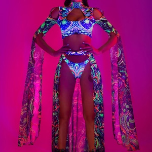 Psychedelic Rave Set, UV Rave Set, UV Reactive Festival Cutout Set, Maxi Sleeve Set Woman, UV Mesh Rave Clothing, Festival Party Outfit