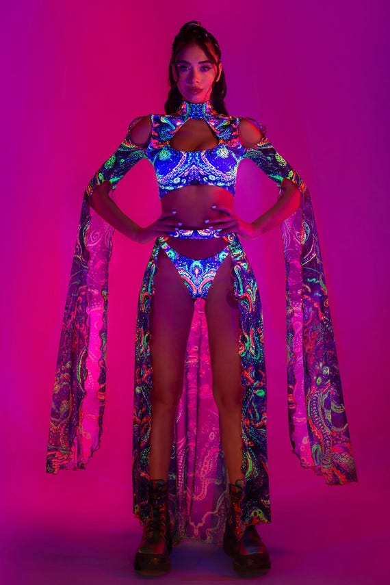 Psychedelic Rave Set, UV Rave Set, UV Reactive Festival Cutout Set, Maxi Sleeve Set Woman, UV Mesh Rave Clothing, Festival Party Outfit