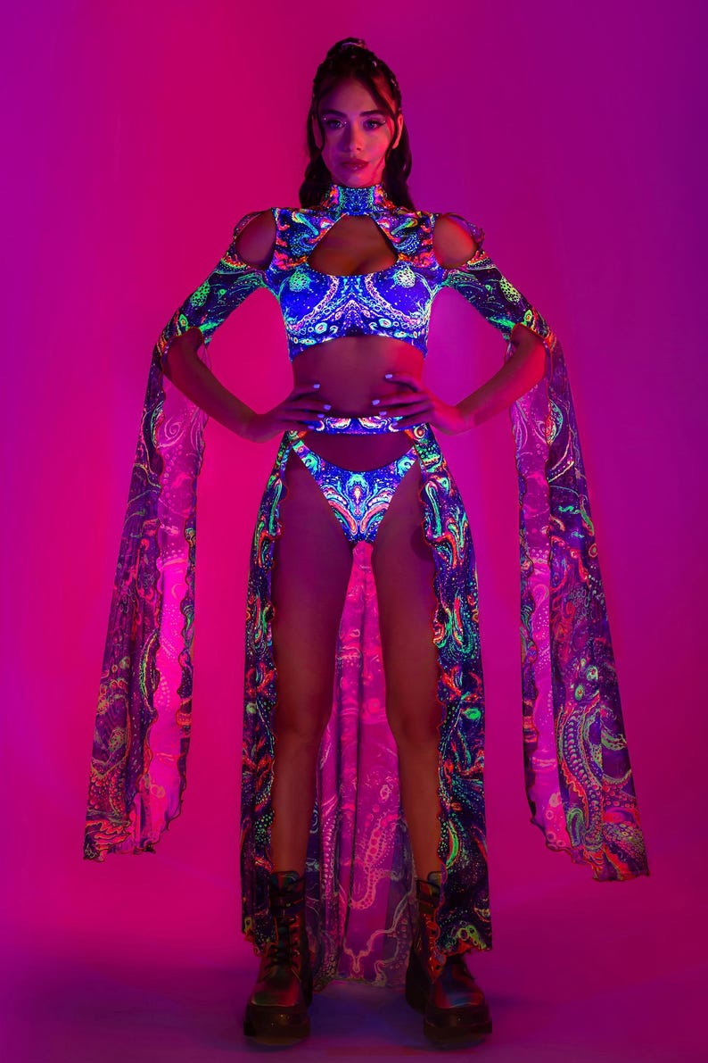 Psychedelic Rave Set, UV Rave Set, UV Reactive Festival Cutout Set, Maxi Sleeve Set Woman, UV Mesh Rave Clothing, Festival Party Outfit image 1