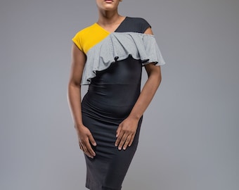 Fausta colorblock pencil dress with ruffle detail