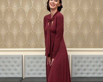 Danelle A-line long sleeve jersey dress with neck tie bow