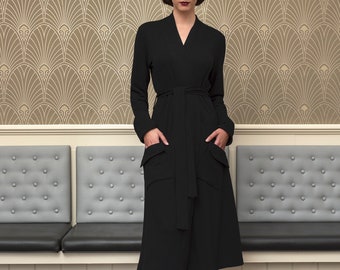 The Dalia french terry long sleeve wrap coat dress with pockets