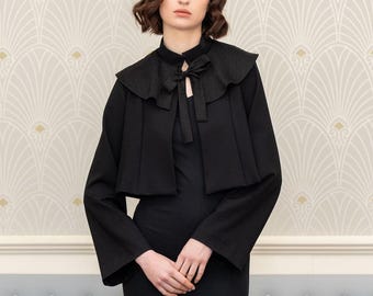 Nora ponte cropped swing jacket with trumpet sleeve and cape collar detail