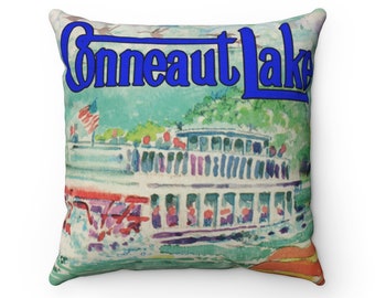Conneaut Lake, Pennsylvania, Crawford County, Lake House Gift, Cottage, Spun Polyester Sofa Couch Square Throw Pillow - Green