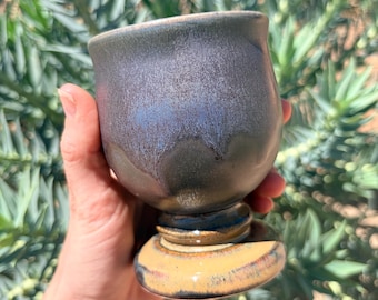 Handmade Ceramic Goblet Gothic Cup Halloween Decor Pedestal Cup 8oz black pedestal cup