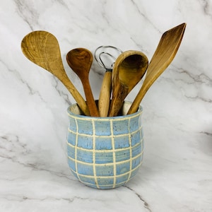 Handmade Blue Ceramic utensil crock vase tiled speckled gift flowers Unique quirky kitch pottery colorful USA utensil holder kitchen