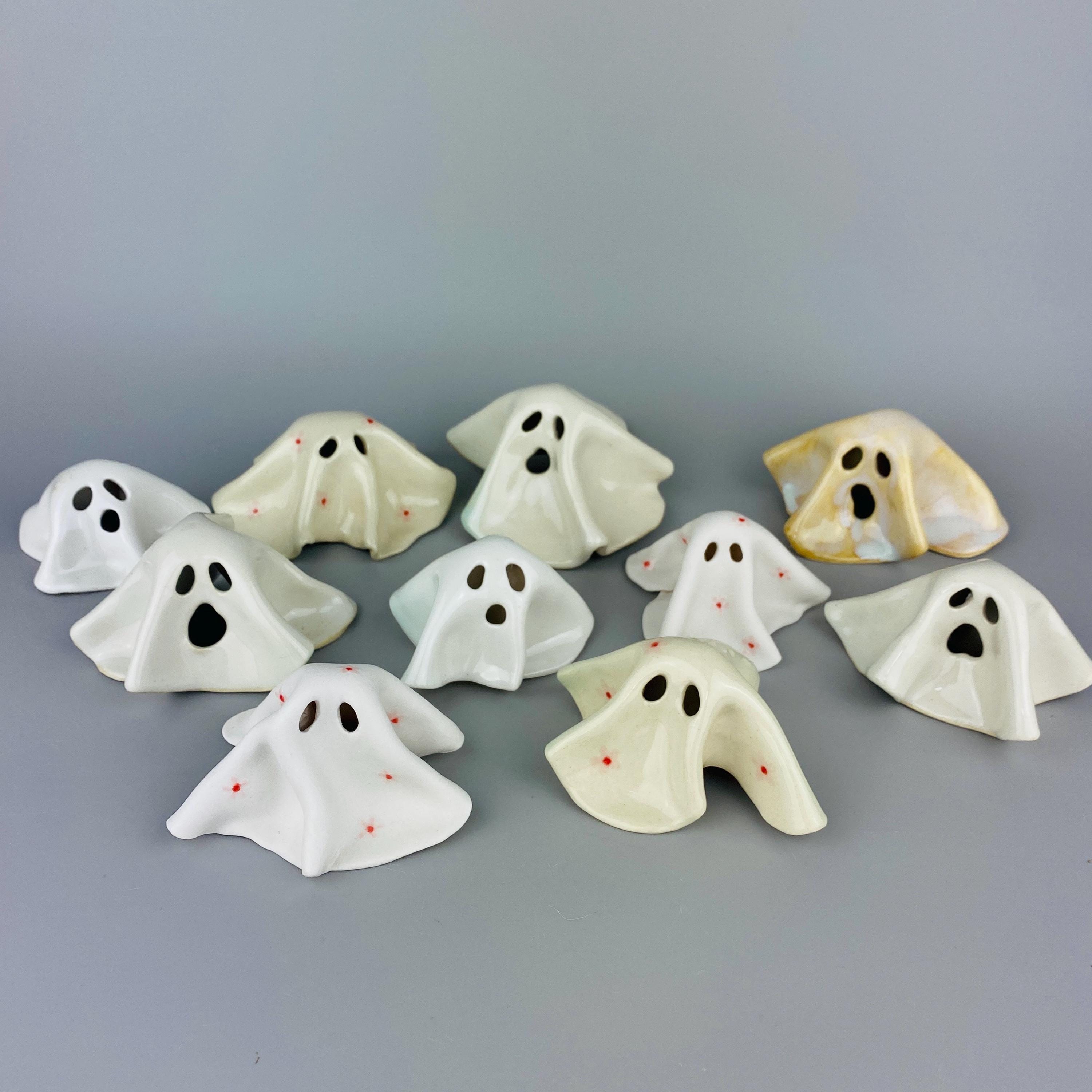 Ceramic Ghost Halloween Decor Figurine Handmade White Floral Pink ...