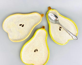 Ceramic Pear Spoon Rest Green Gold Trinket Dish Handmade Unique Kitchen Gift