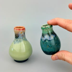 Tiny Bud Vase Blue Mommy Pot Miniature Green Drippy Glaze Pottery
