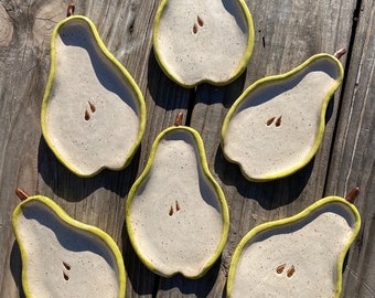 Ceramic Spoon Rest Pear Fruit Cute Kitch Kitchen Handmade USA Unique Gift Dish Small Plate Woman Owned Green Beige Speckled Girly Home