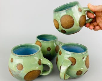 Handmade Ceramic Mug: Green Polka Dot Pottery Coffee Cup (14 oz.)