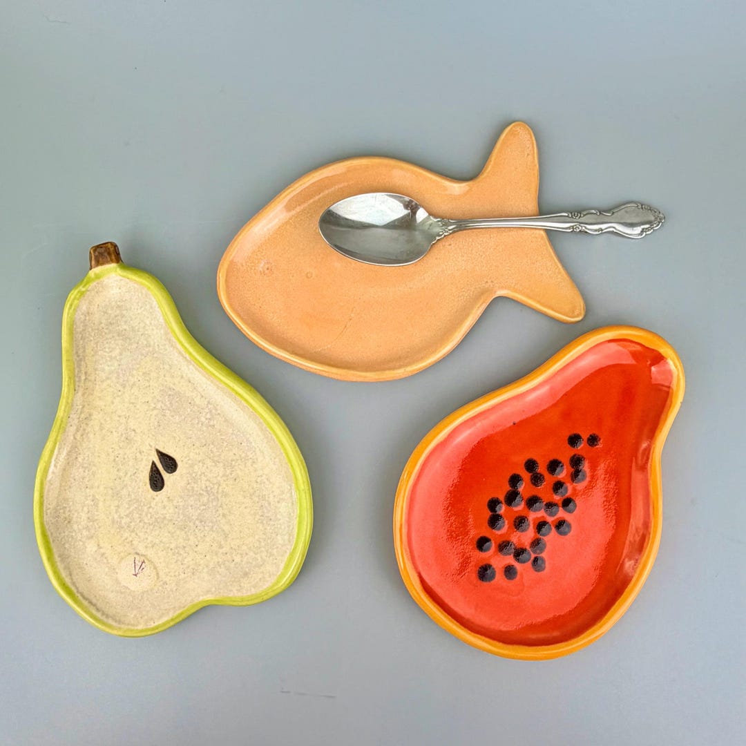 DISCOUNTED SECOND Spoon Rest Ceramic Pear Papaya Goldfish