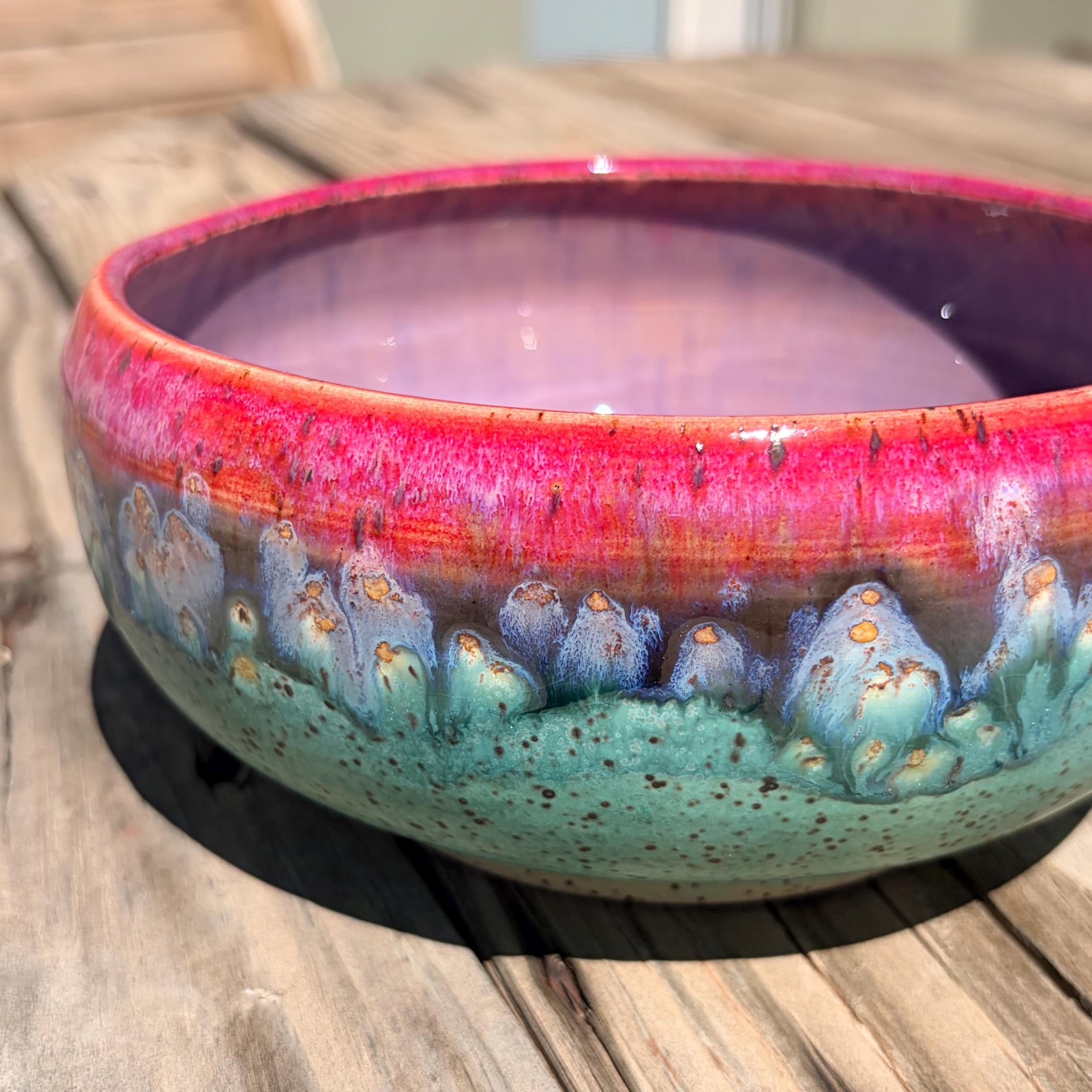 Ceramic Fruit Bowl Medium Colorful Green Pink Blue Speckled Pottery Serving Bowl Display