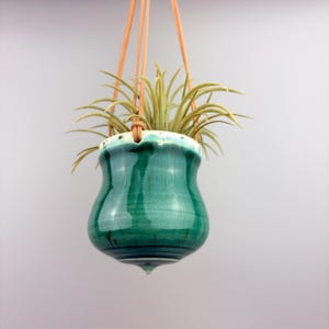 May include: A small, bulbous ceramic hanging planter with a glossy teal and green glaze, featuring a white rim and a pointed base. The planter is suspended by thin, light brown leather cords and contains a spiky, light green air plant.