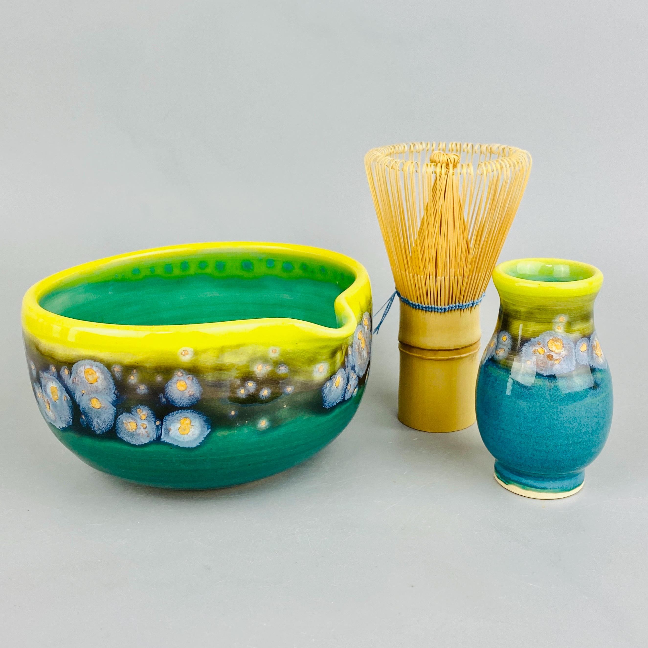 Handmade Ceramic Matcha Set: Chawan Bowl, Whisk Rest, Bamboo Whisk