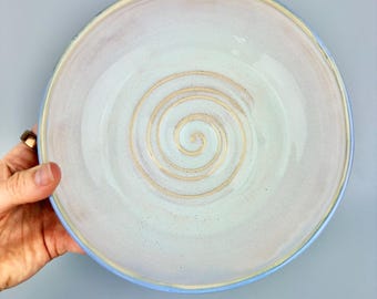 Ceramic Bowl White Blue Swirl Salad Soup Handmade Pottery
