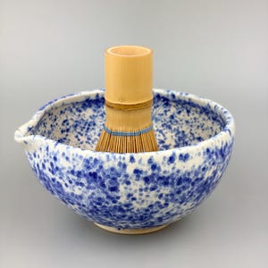 Ceramic Matcha Bowl Blue White Splatter Speckled Chawan USA made Pottery