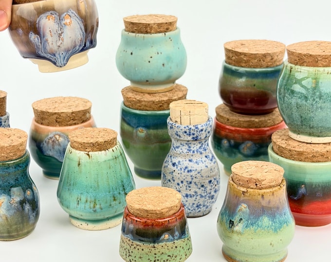 Handmade Small Ceramic Jar with Cork Lid Colorful Spice Jar Tiny Urn