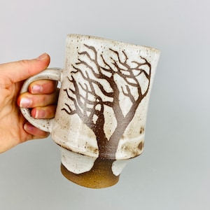 Handmade Ceramic Big Mug: Speckled White Glaze, Pottery Tree Design