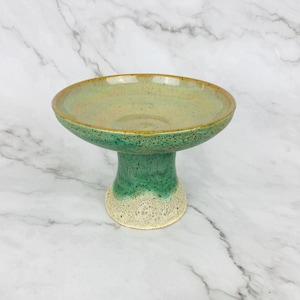 Handmade Ceramic Pedestal Bowl: Ocean Inspired Speckled Blue Pottery Centerpiece