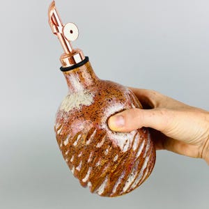 Large Rustic Ceramic Oil Bottle Cruet pink carved speckled farmhouse Kitchen Handmade USA Unique Gift oil vinegar earthy