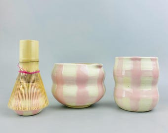 Handmade Ceramic Matcha Set: Pink Striped Matcha Bowl Cup Whisk Stand
